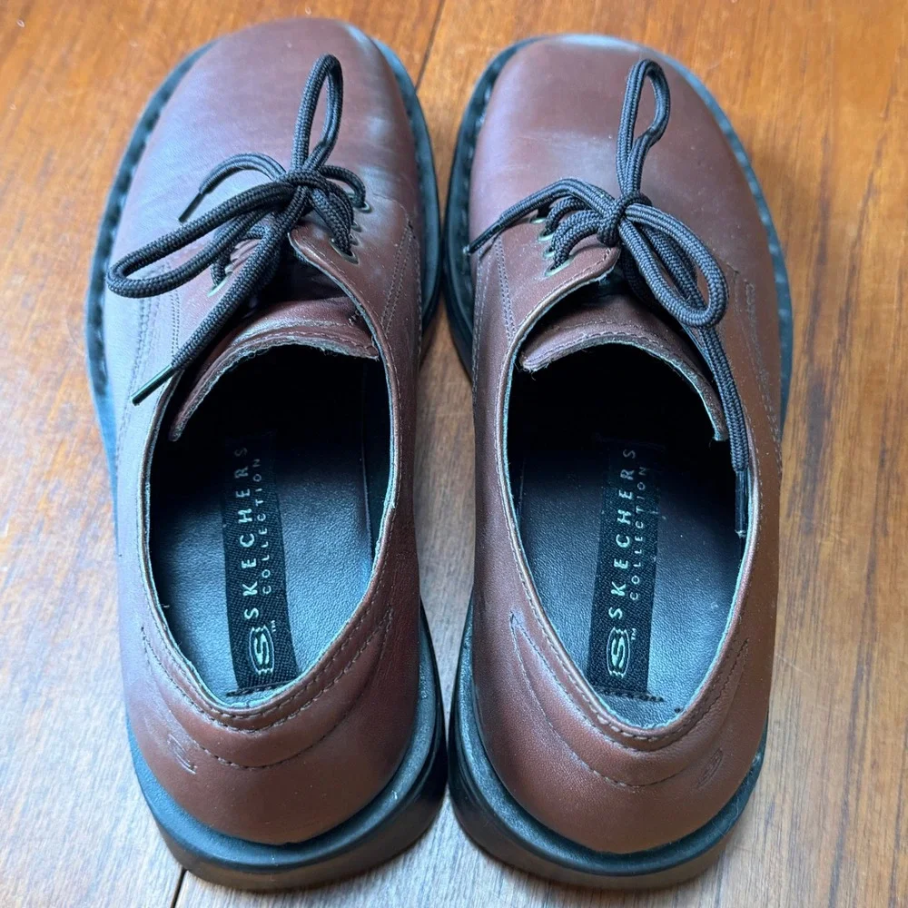 Skechers Brown Leather Chunky Square Toe Oxford Shoes Mens 7.5 Y2K Academia Prep